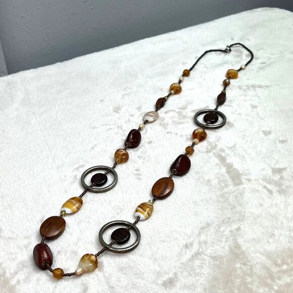 Chunky Beaded Polished Stone Necklace Earthy Boho Brown Amber Silver Tone Long - Picture 5 of 6